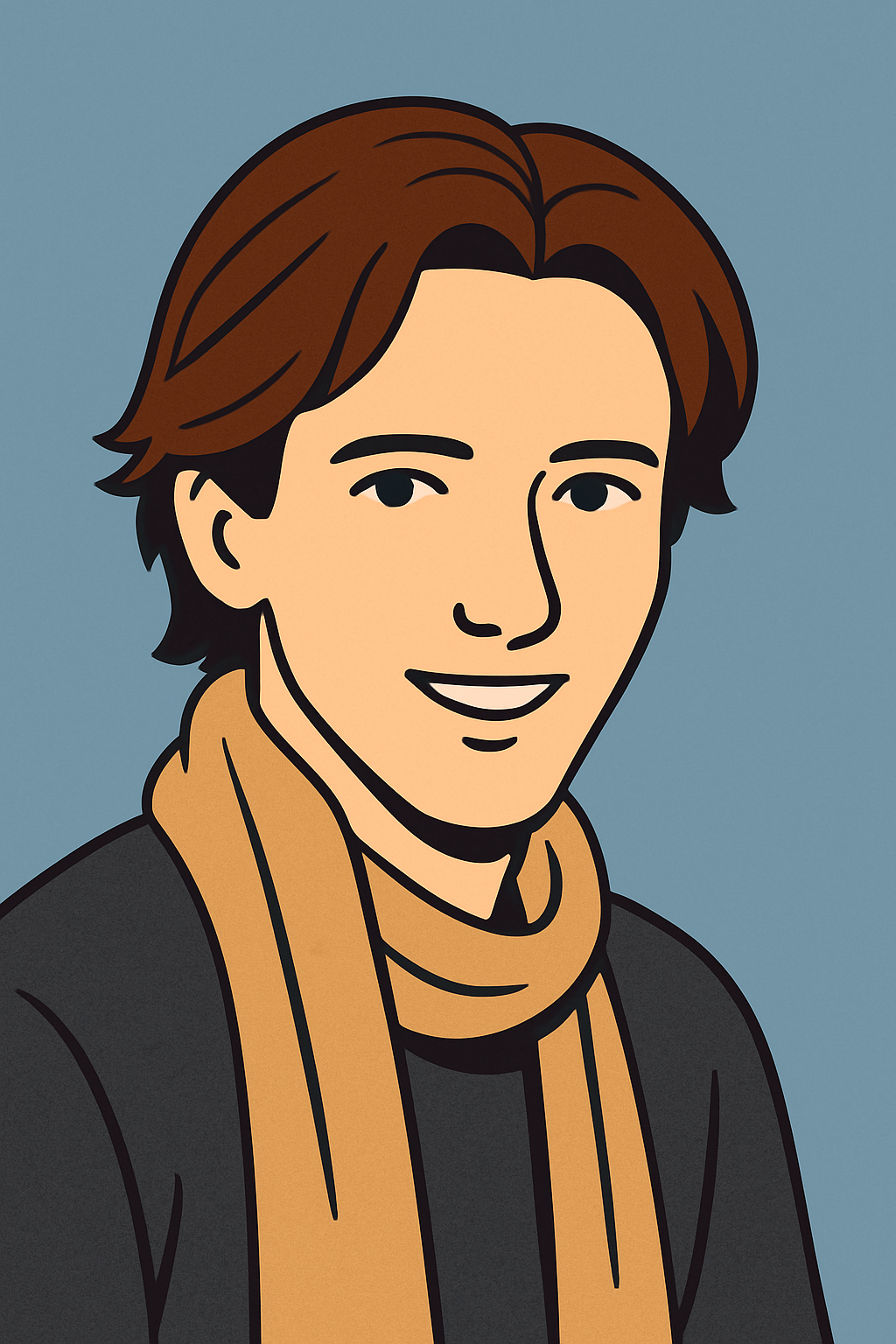 Cartoon avatar of a young man with medium-length brown hair wearing an orange shirt, set against a light blue circular background.