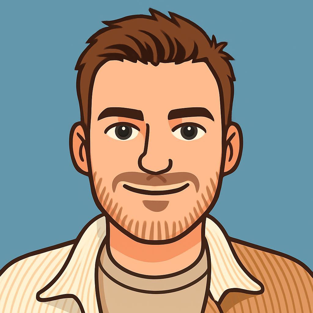 Cartoon avatar of a young man with medium-length brown hair wearing an orange shirt, set against a light blue circular background.