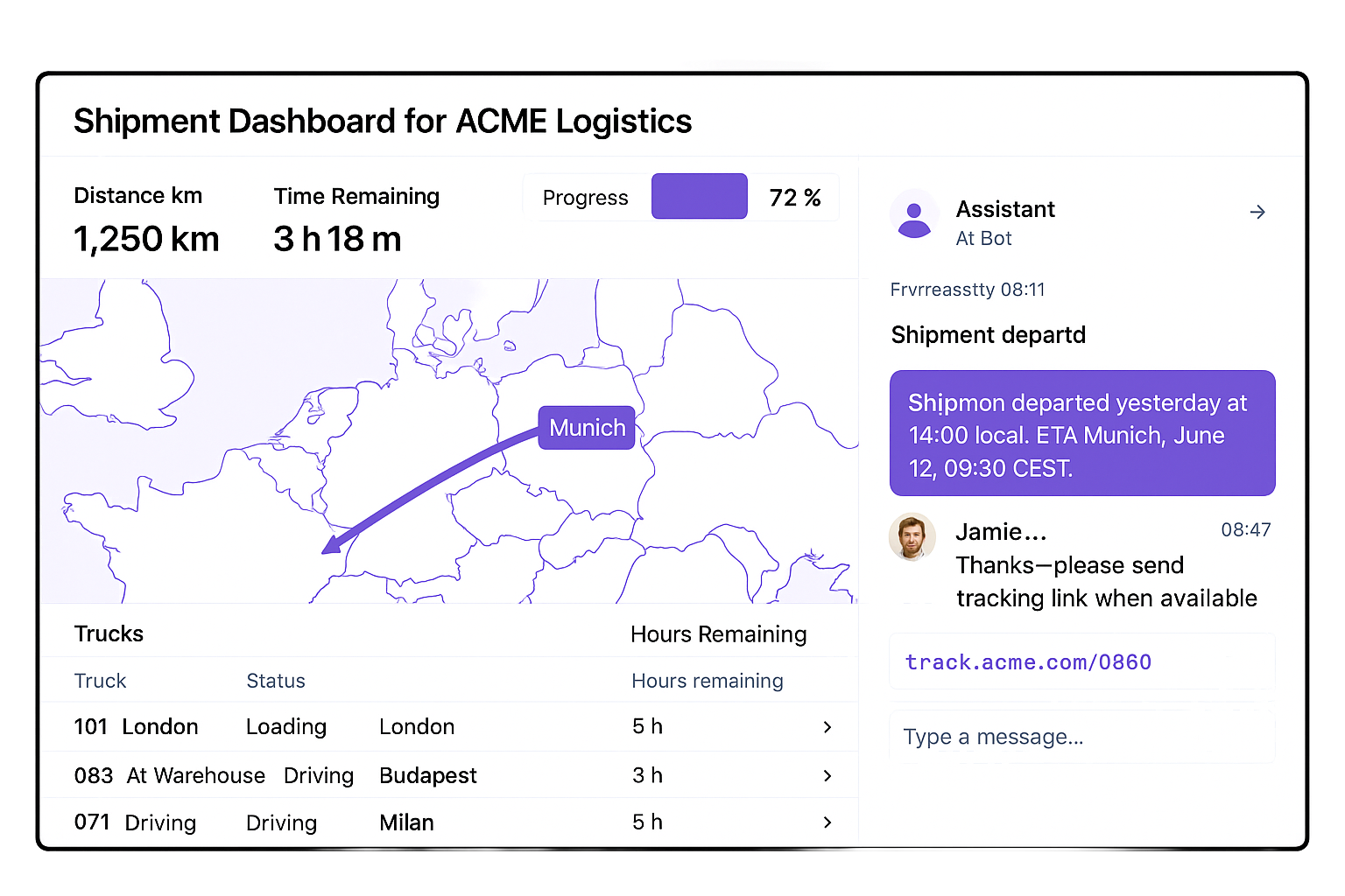 UI dashboard titled ‘Shipment Dashboard for ACME Logistics’ showing: distance (1,250 km), time remaining (3 h 18 m), a progress bar at 72 %, a stylized map with an arrow from source to Munich, a table of three trucks with statuses and hours remaining, and a side chat panel with messages about departure and a tracking link.